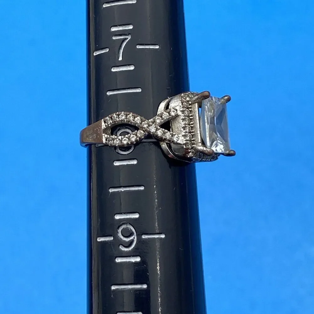 Large Emerald Cut Clear CZ Halo Infinity Ring Size 8 S925 Marked Costume Jewelry